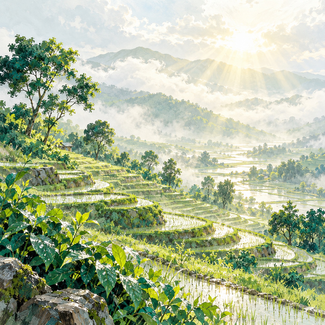 Sunlight breaking through mist over terraced fields after the rain